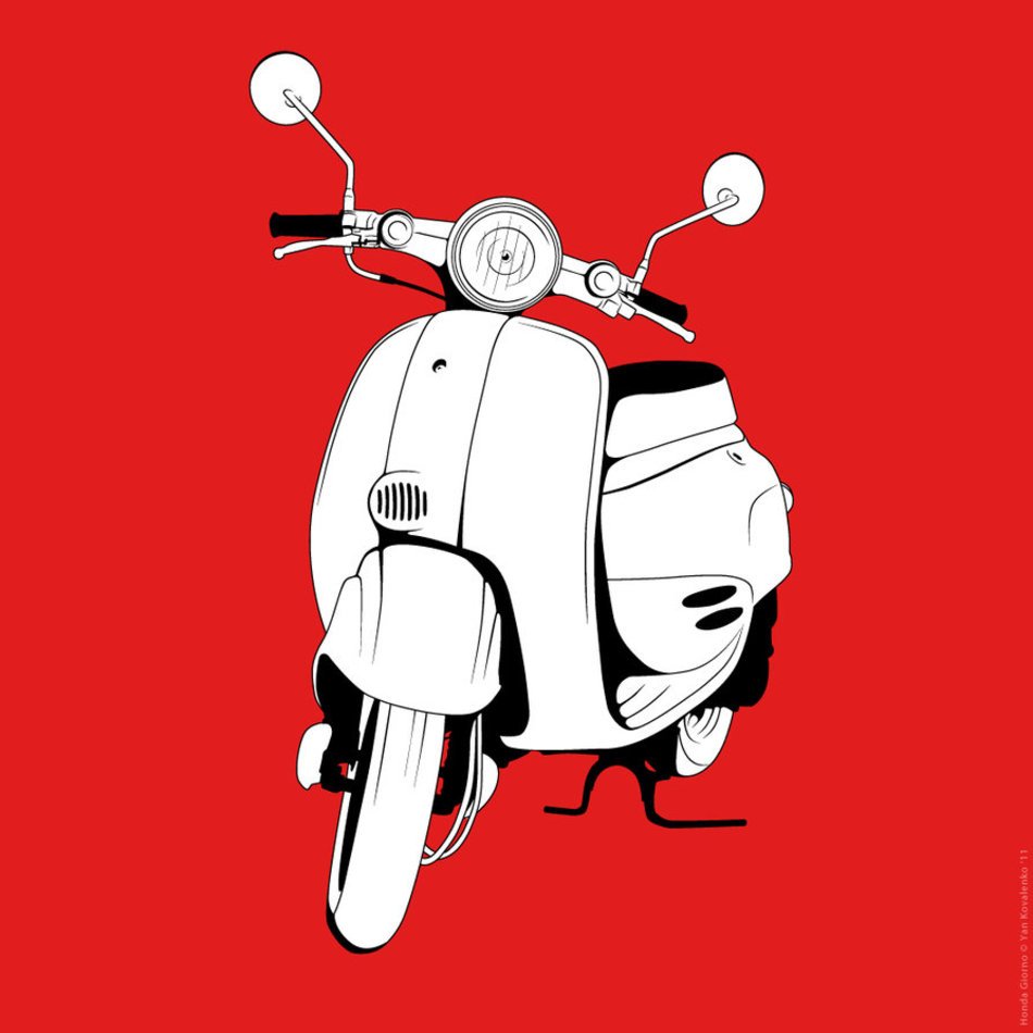 White line-art illustration of a classic scooter on a bold red background, viewed from front-three-quarter angle.