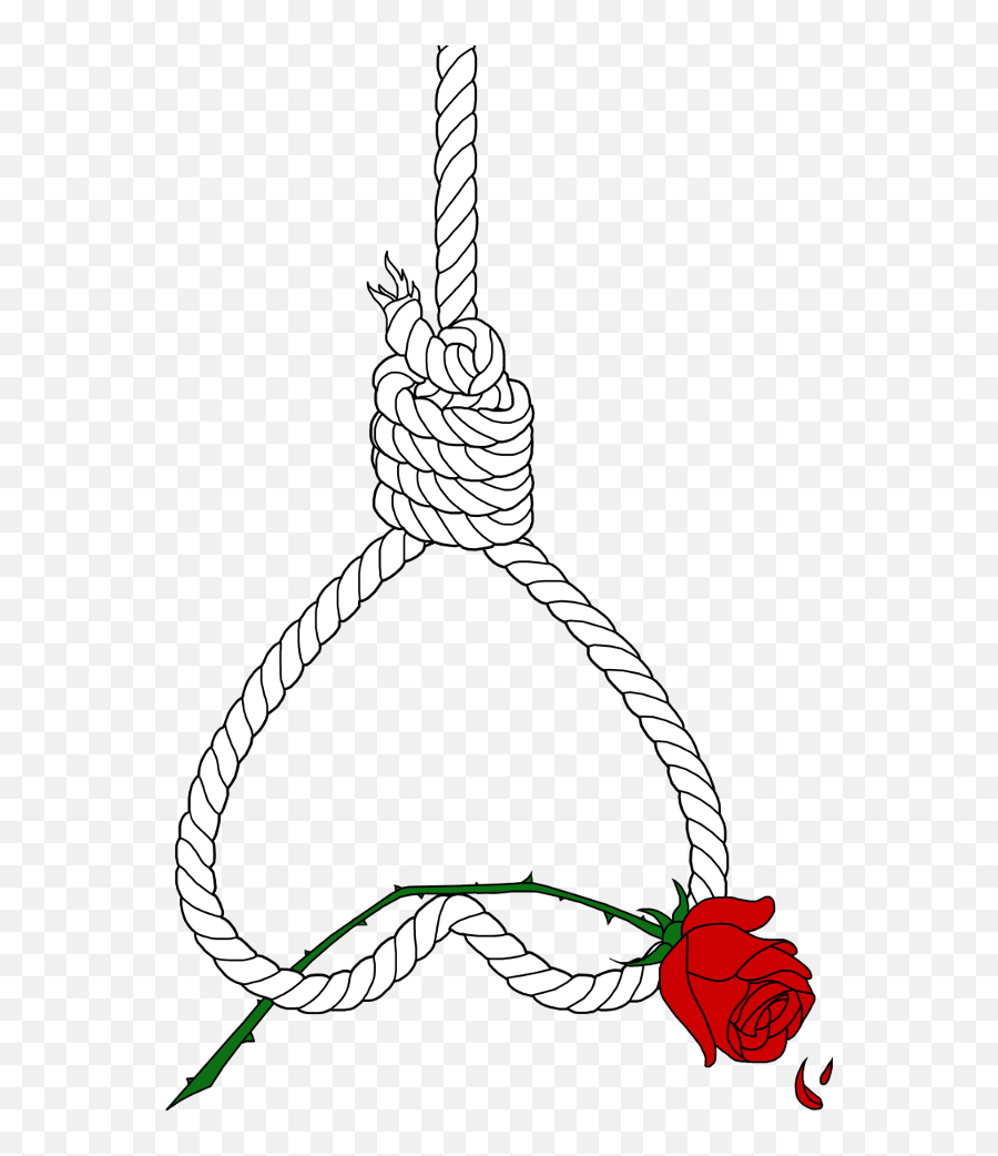 A noose made of white rope with a red rose entwined in its loop, symbolizing tragic beauty or doomed love.