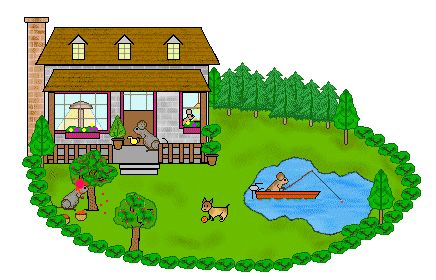 A cozy two-story house with a porch, surrounded by green lawn, trees, a pond with a rowboat, and pets playing outside.