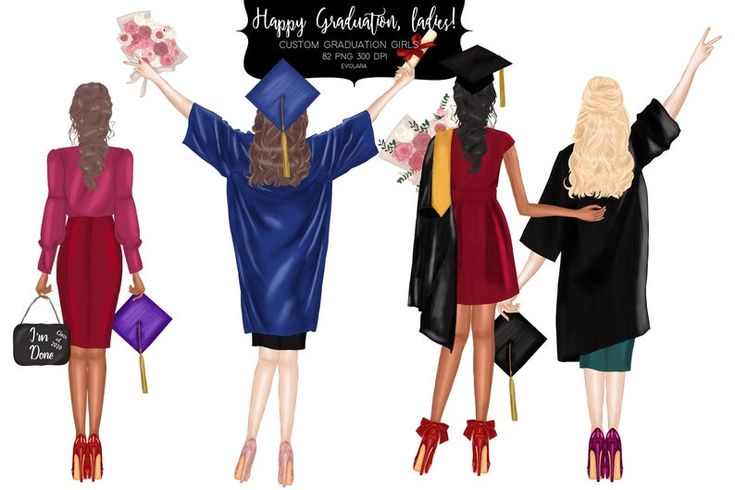 Four diverse graduate women in gowns and dresses celebrating with caps, bouquets, and diplomas; back view illustration.