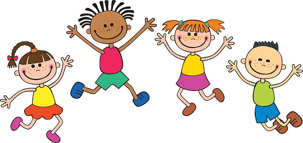 Four diverse cartoon children jumping joyfully with raised arms and smiling faces.