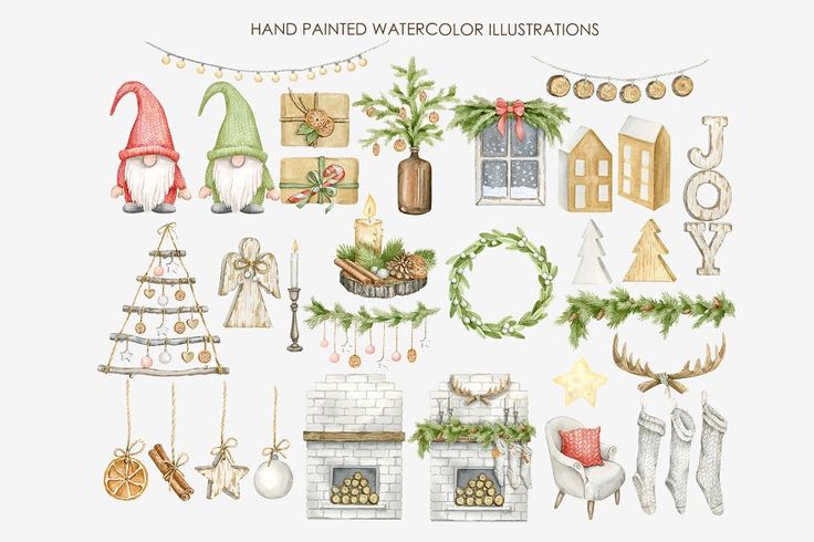 Hand-painted watercolor Christmas illustrations including gnomes, trees, wreaths, stockings, and cozy holiday decor elements.