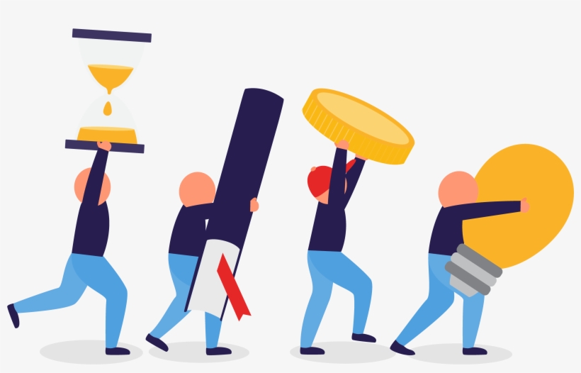 Four stylized figures carrying symbolic items: hourglass, diploma, coin, and lightbulb-representing time, education, money, and ideas.
