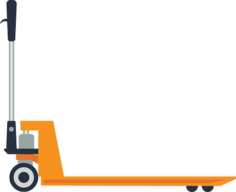 Orange manual pallet jack with black handle, silver lift mechanism, and dual wheels on a white background.