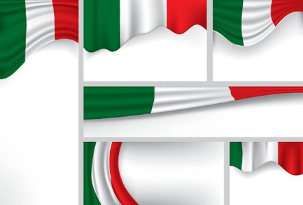 Italian flag in various waving and stylized vector designs on white background.