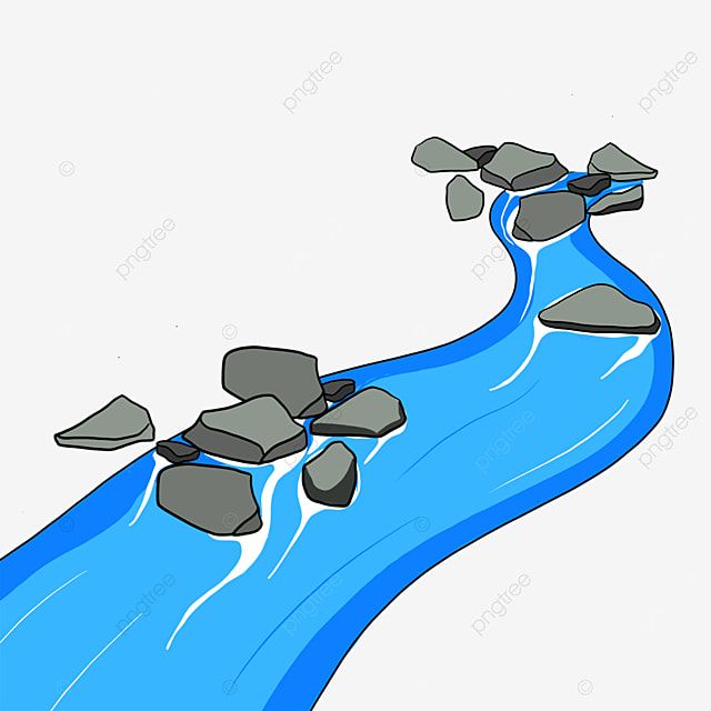 A winding blue stream flows over gray rocks in a cartoon-style illustration.