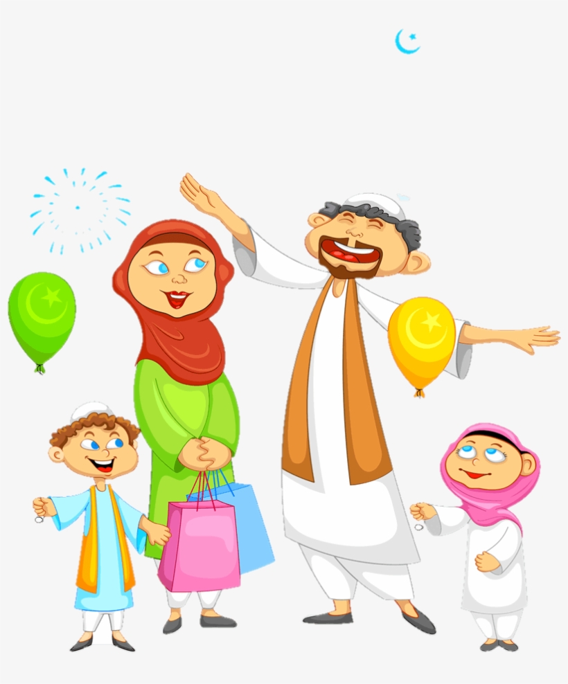 A joyful Muslim family celebrating Eid with balloons, fireworks, and shopping bags, under a crescent moon.