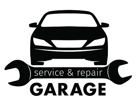 Black silhouette of a car above a wrench with "service & repair GARAGE" text.