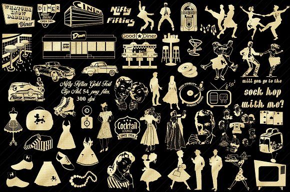 Vintage 1950s-themed clip art collection featuring diners, cars, fashion, music, and dance silhouettes in gold on black.