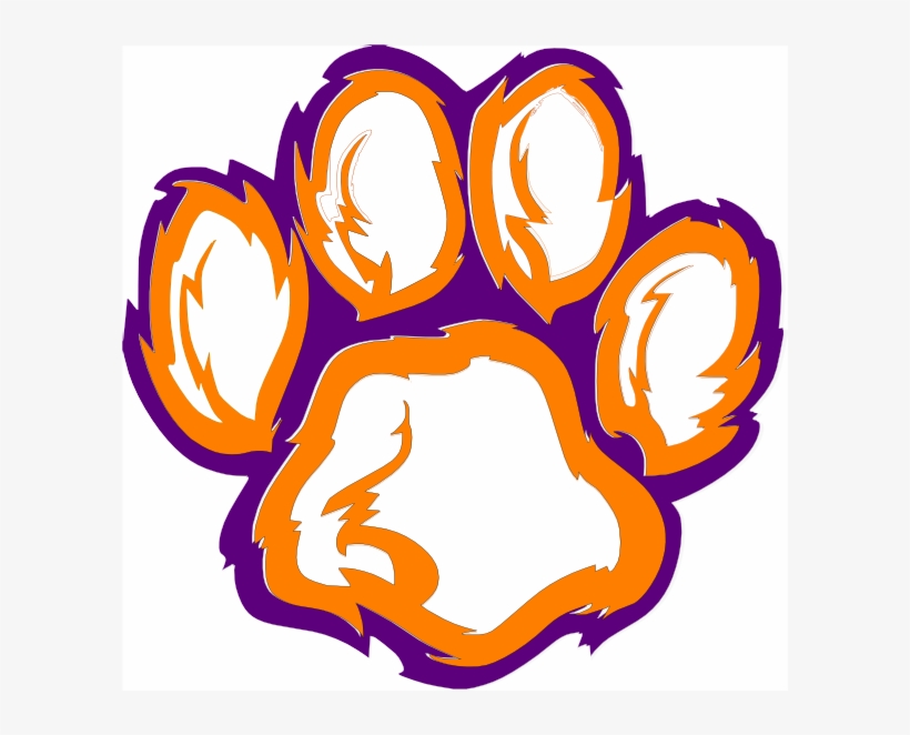 Clemson Tigers paw print logo in orange and purple with white fill and jagged outline.