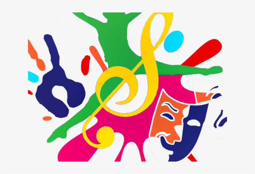 Vibrant abstract art featuring a yellow treble clef, theatrical masks, and colorful paint splashes symbolizing music and drama.