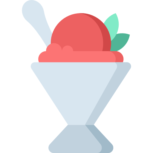 A colorful illustrated dessert in a glass bowl with scoops of pink ice cream, mint leaves, and a spoon.