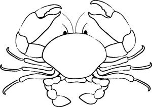 Simple black-and-white line drawing of a crab with prominent claws, eight legs, and expressive eyes.