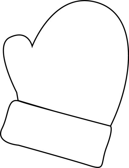 Simple black-and-white line drawing of a winter mitten with a cuff, suitable for coloring or craft templates.