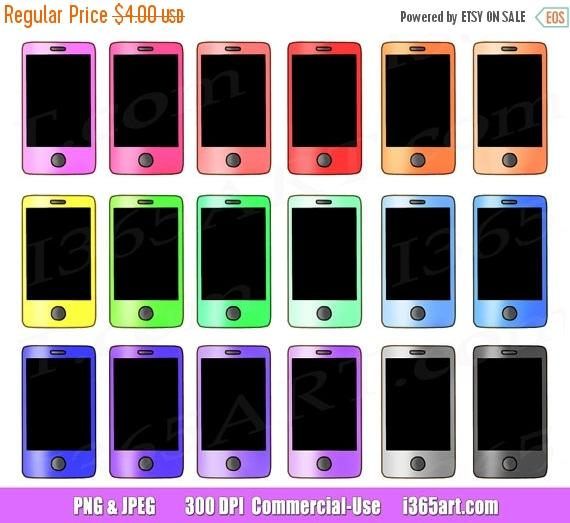 Collection of 18 colorful smartphone clipart icons in rainbow hues, available in PNG & JPEG at 300 DPI for commercial use.