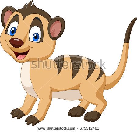 Cute cartoon meerkat with blue eyes, striped fur, and cheerful expression standing on white background.
