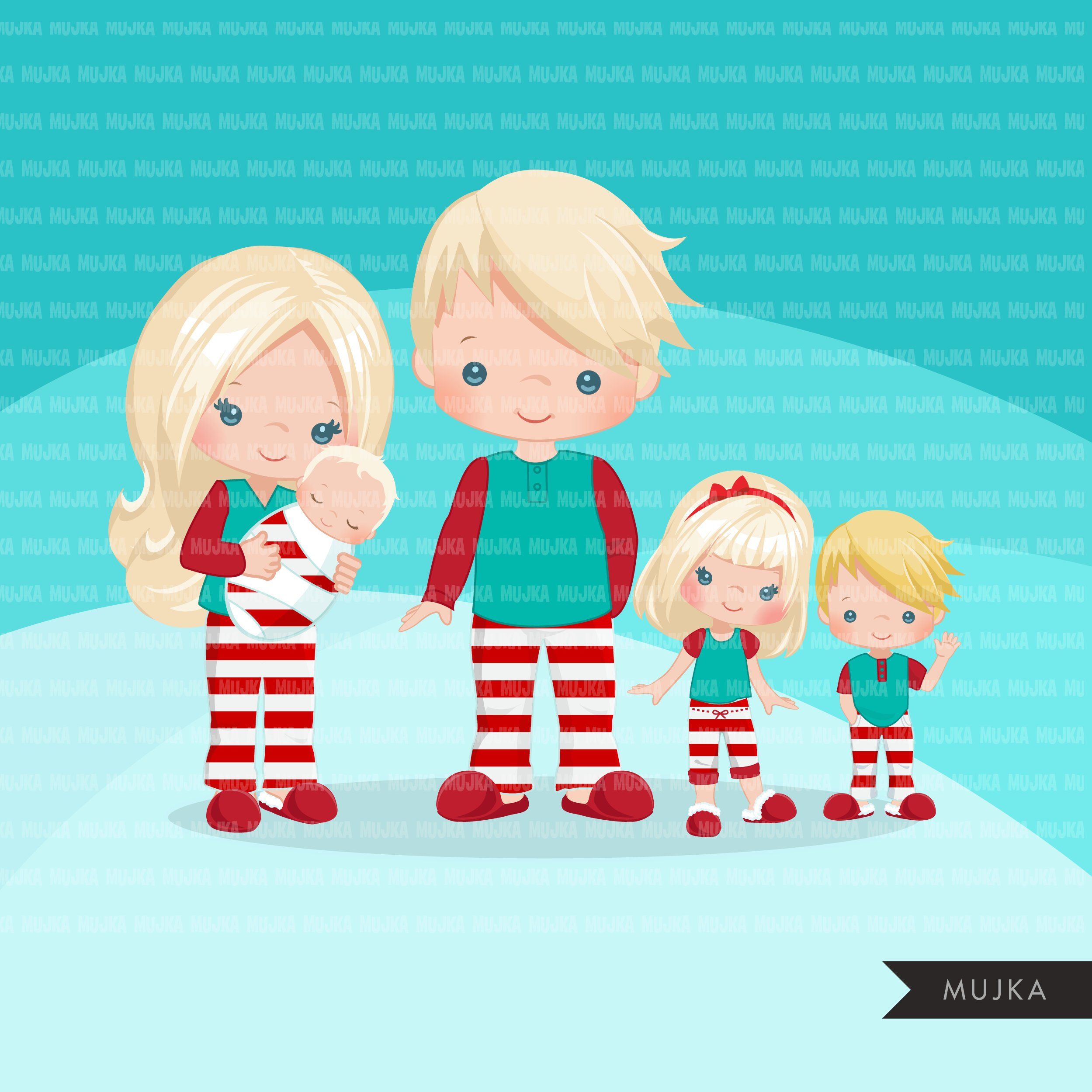 Festive Family Pajama Clipart - Christmas Morning Illustration