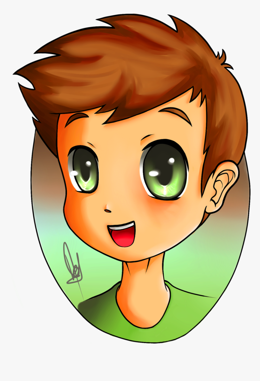 Chibi-style cartoon boy with spiky brown hair, large green eyes, and a joyful smile, wearing a green shirt.
