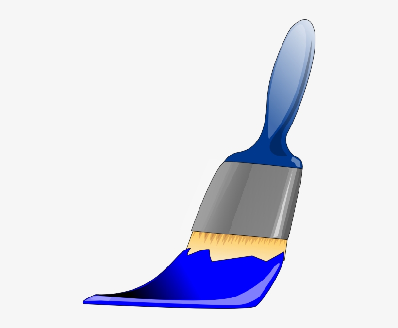 Blue paintbrush with vibrant blue paint dripping from bristles, vector illustration on white background.