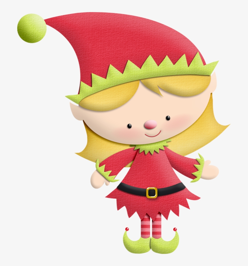 Cute cartoon elf girl with red hat, green trim, blonde hair, and festive outfit smiling warmly.