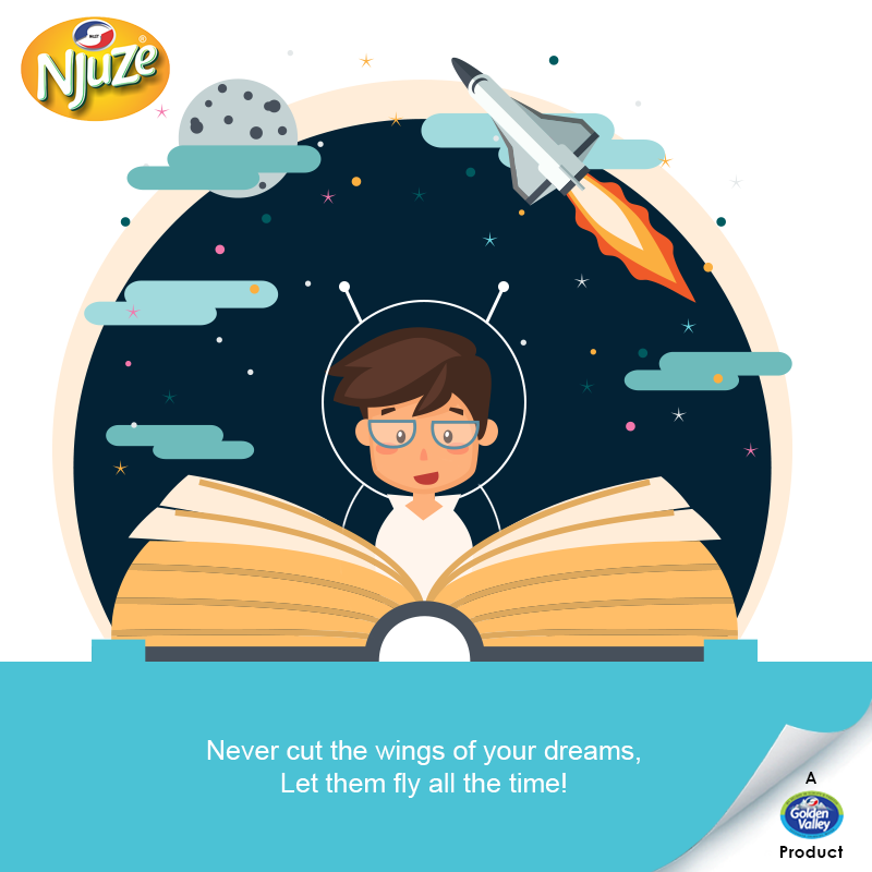 A child reading a magical book with a rocket launching into space, stars, moon, and clouds; Njuze logo in top left.