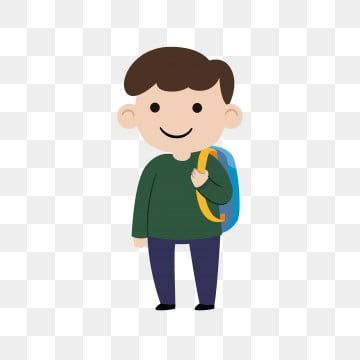 Smiling cartoon boy with brown hair, green sweater, blue pants, and a blue-yellow backpack standing against transparent background.