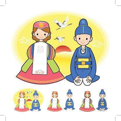 Illustration of traditional Korean couple in hanbok with cranes and sun, plus smaller figures showing variations.