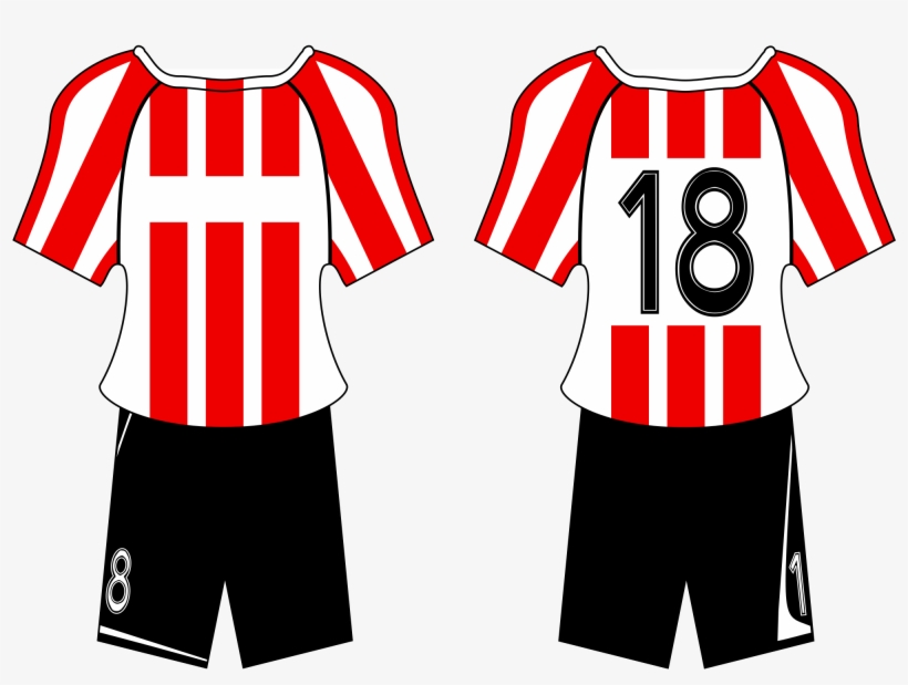 Red and white striped soccer jersey with black shorts, front and back views showing numbers 8 and 18.