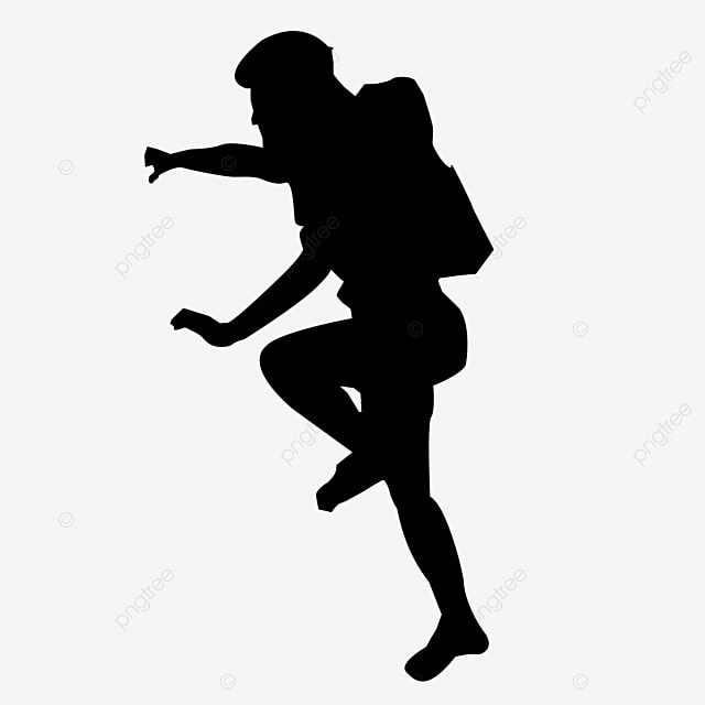 Silhouette of a hiker with backpack mid-stride, suggesting movement and outdoor adventure.