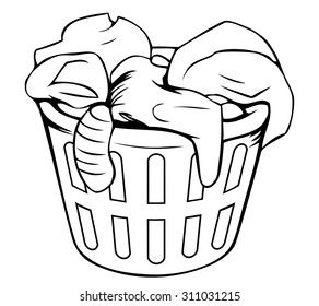 Black-and-white line drawing of a laundry basket overflowing with crumpled clothes.