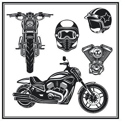 Black-and-white vector illustration of motorcycle parts: front view, full bike, helmet with goggles, star helmet, and V-twin engine.