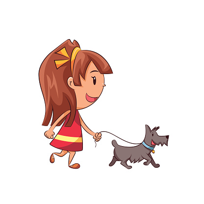 A smiling girl with brown hair in a red dress walks a small gray dog on a leash.