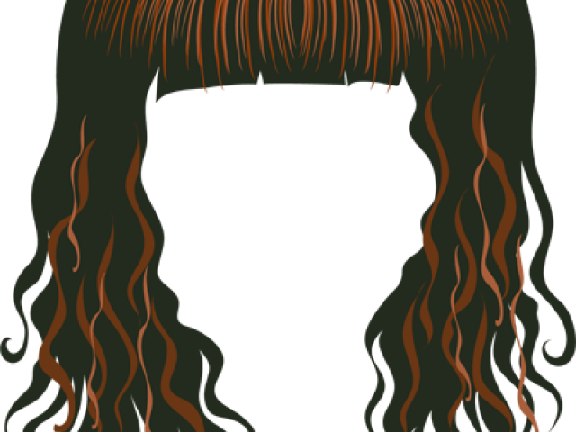 Stylized illustration of long wavy dark green hair with copper-orange highlights and bangs.