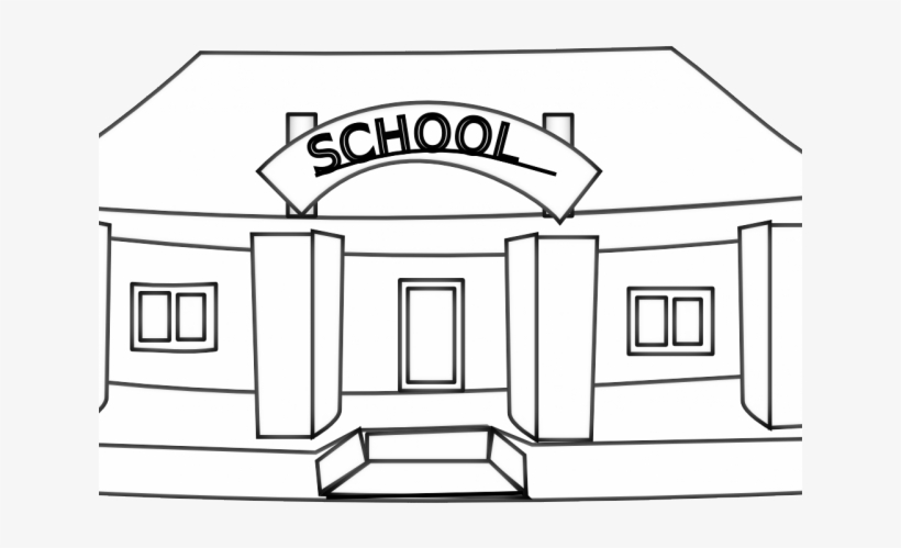 Simple line drawing of a school building with "SCHOOL" sign above the entrance.