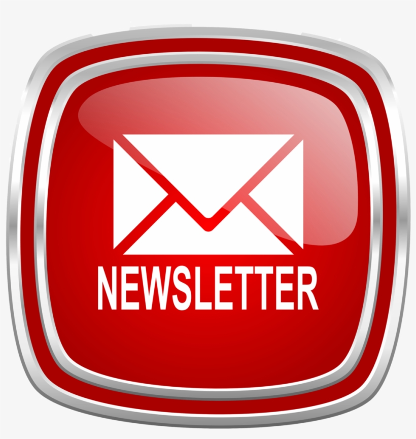 Red glossy button with white envelope icon and "NEWSLETTER" text, symbolizing email subscription.