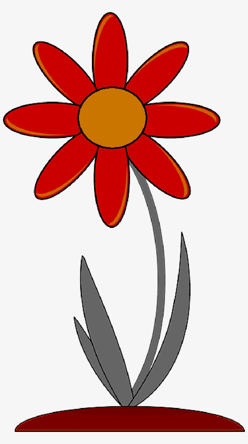 A stylized red flower with eight petals, orange center, gray stem and leaves, on a white background.