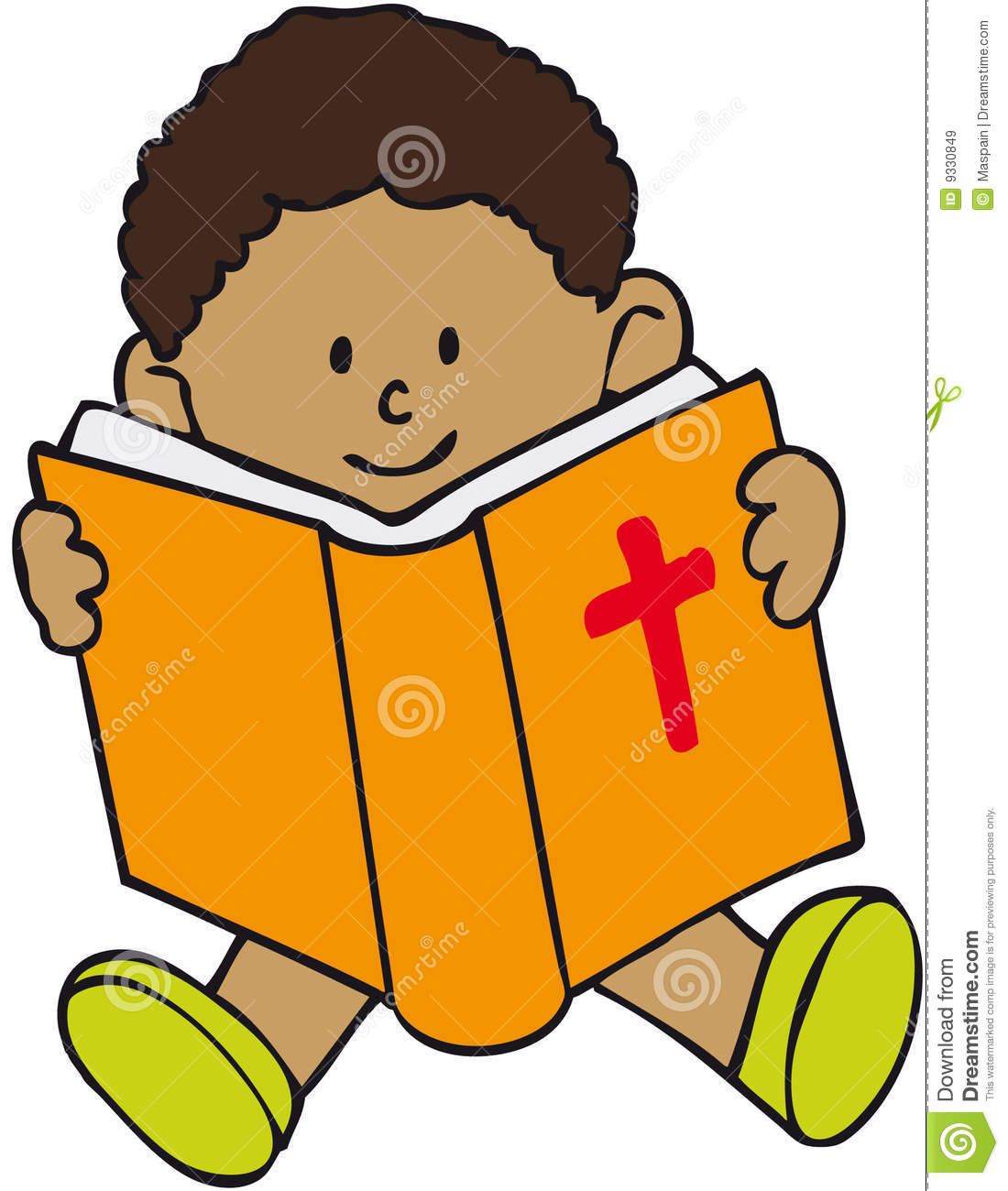A smiling child with curly brown hair reads an orange Bible with a red cross on the cover.