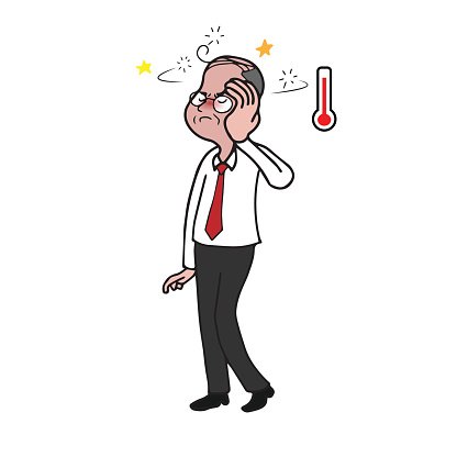 Stressed businessman with headache, dizziness, and high fever indicated by thermometer and stars.