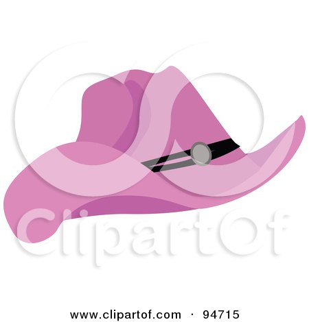 Pink cowboy hat with black band and silver buckle, stylized vector illustration.