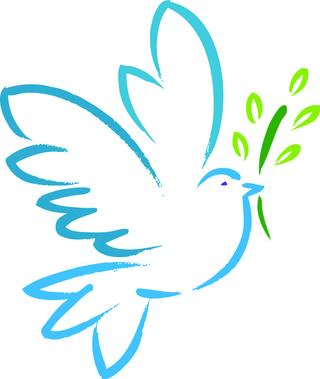 Blue dove in flight holding a green olive branch, symbolizing peace and hope.