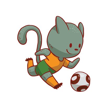 A green cartoon cat in an orange and green soccer uniform kicking a ball.