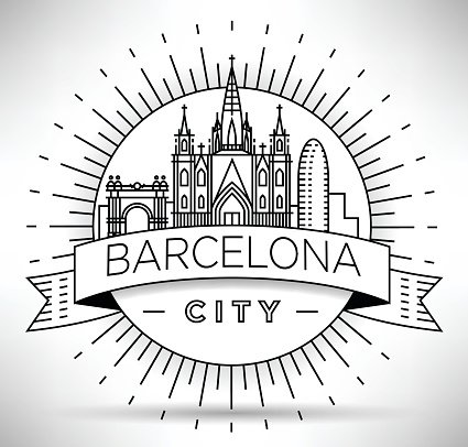 Barcelona city skyline illustration with Sagrada Família, Arc de Triomf, and Agbar Tower in a sunburst emblem.