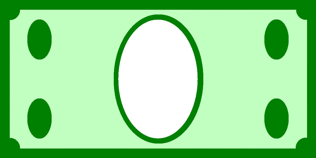 Stylized green banknote illustration with a central black oval and four green ovals, representing generic currency design.