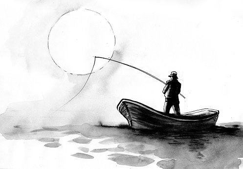 A lone fisherman in a small wooden boat casts a line toward a large circular sun or moon in a misty sky.