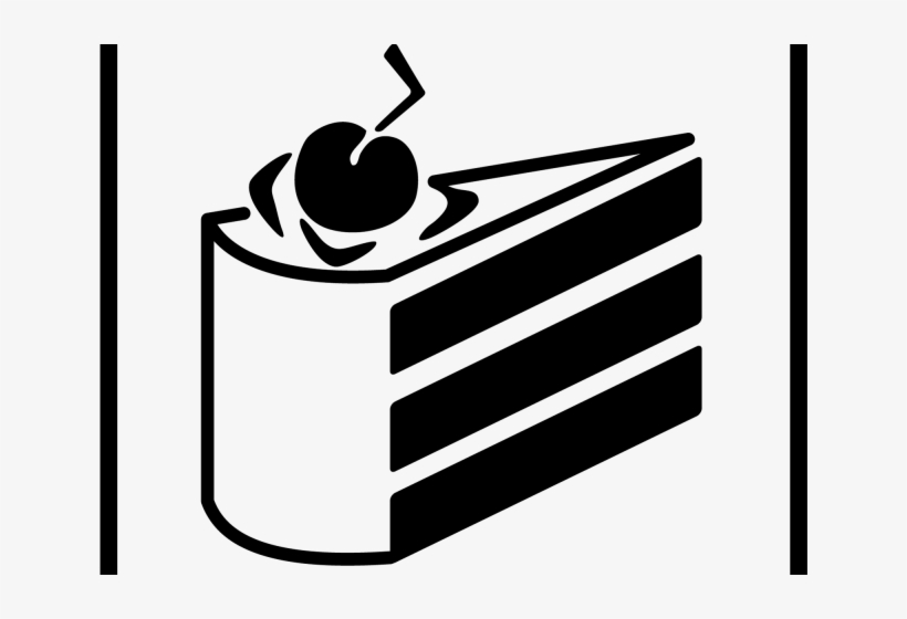 Black-and-white icon of a layered cake slice topped with a cherry, framed by vertical lines.