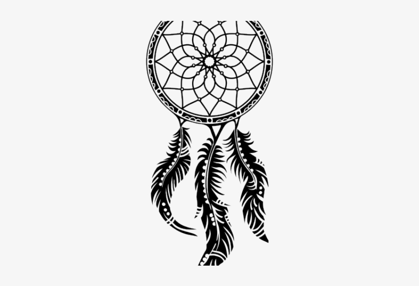 Black and white dreamcatcher with geometric web pattern and three decorative feathers hanging below.