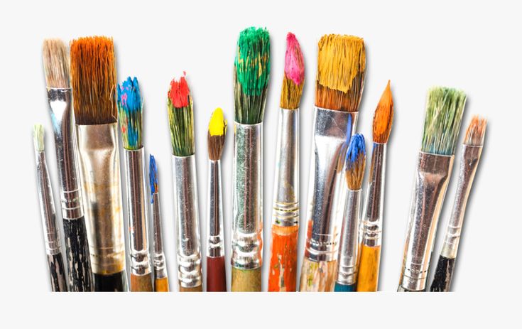 A row of assorted paintbrushes with colorful paint on their bristles, set against a white background.