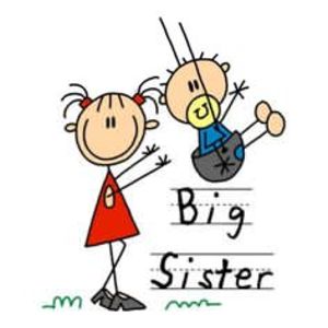 Stick-figure girl in red dress waving beside a boy in a blue shirt, labeled "Big Sister" in handwriting.