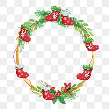 Festive Christmas wreath with red stockings, green pine branches, and holly berries on transparent background.