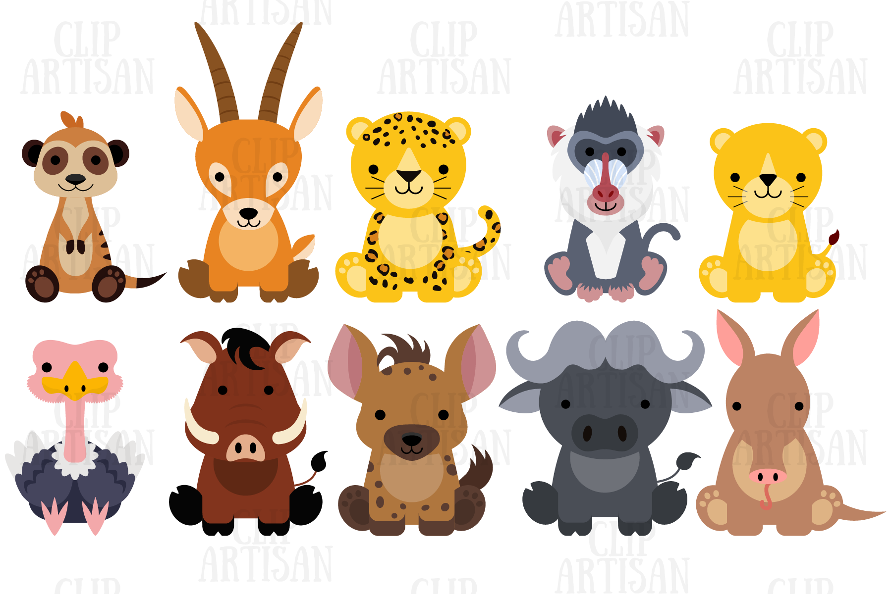 Cute cartoon African safari animals including meerkat, antelope, leopard, baboon, lion, ostrich, warthog, hyena, buffalo, and aardvark.